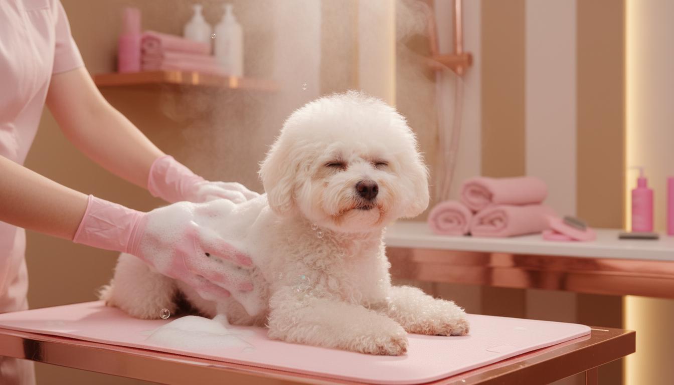 Bichón frise relajado durante el masaje de espuma